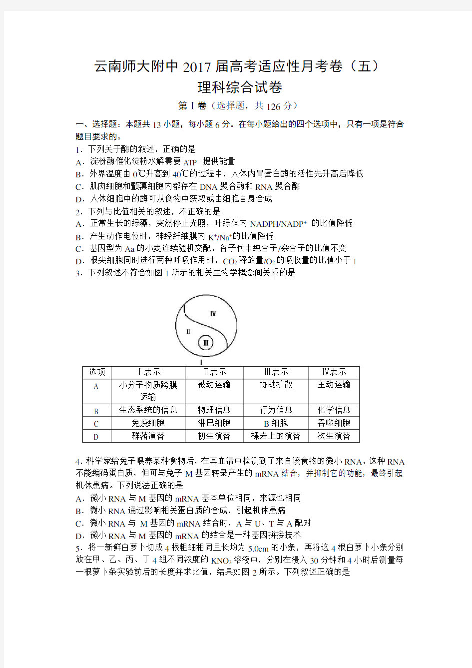 云南师大附中2017届高考适应性月考卷(五)理科综合试卷