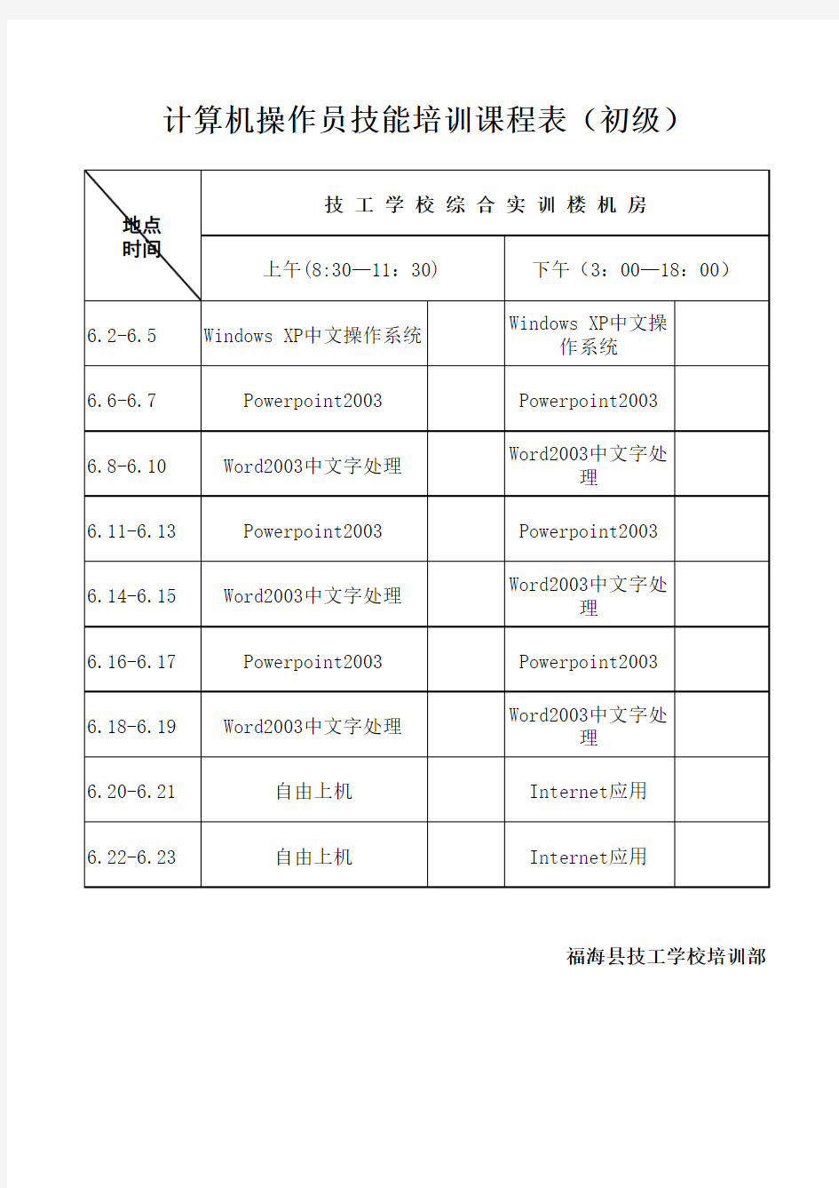 计算机操作员技能培训课程表(初级)