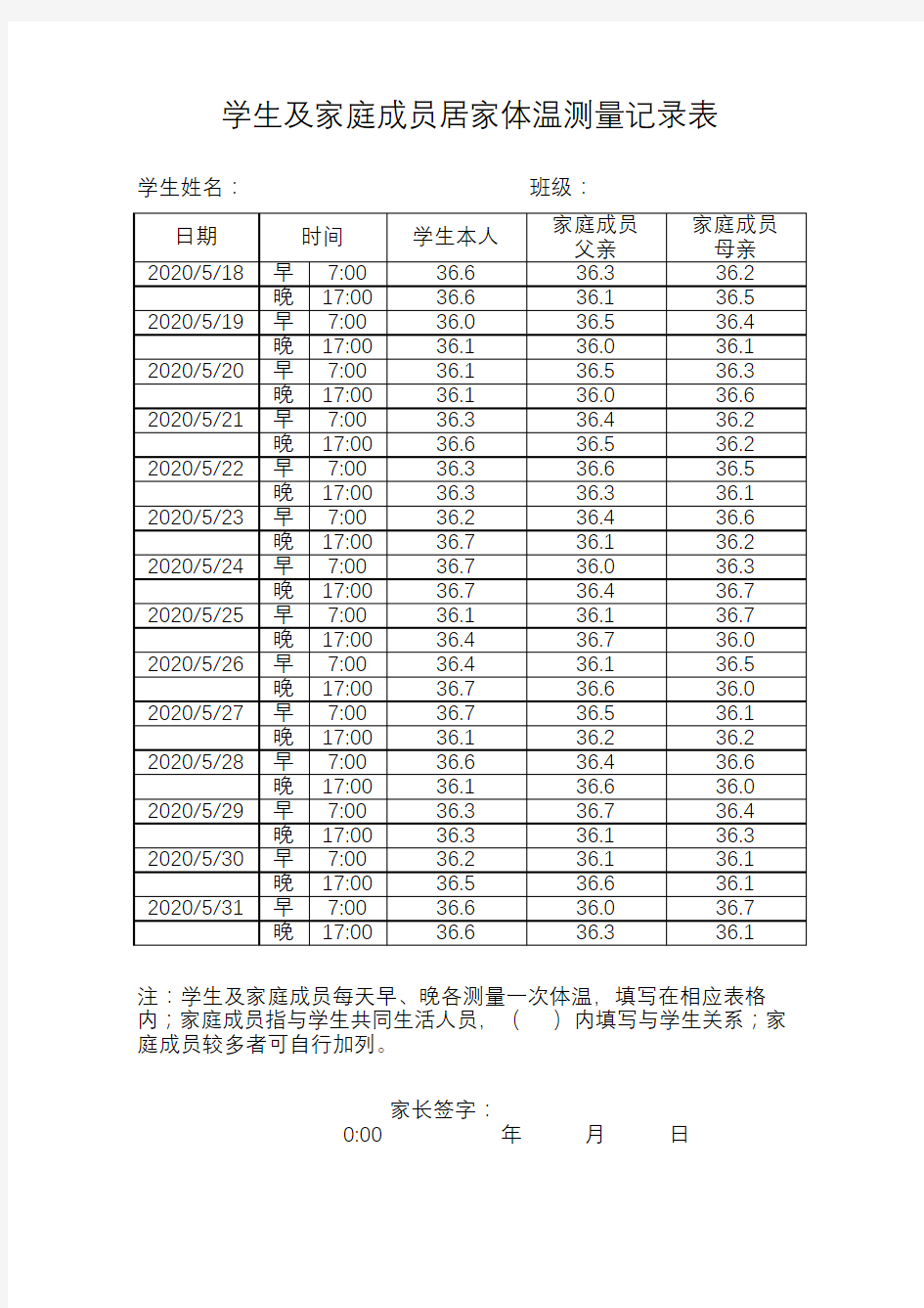 体温记录表