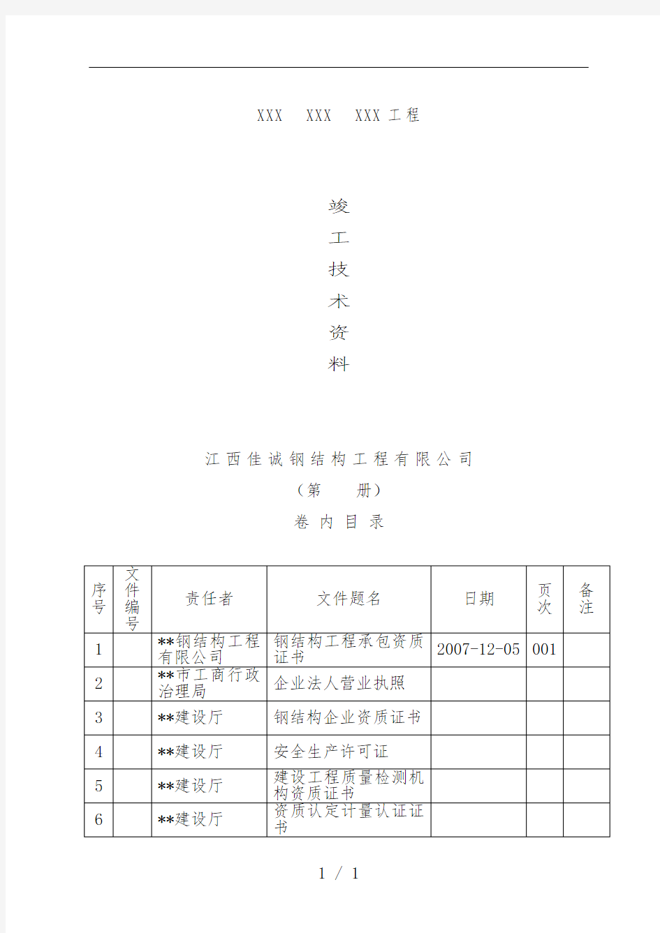 工程竣工技术文件范本