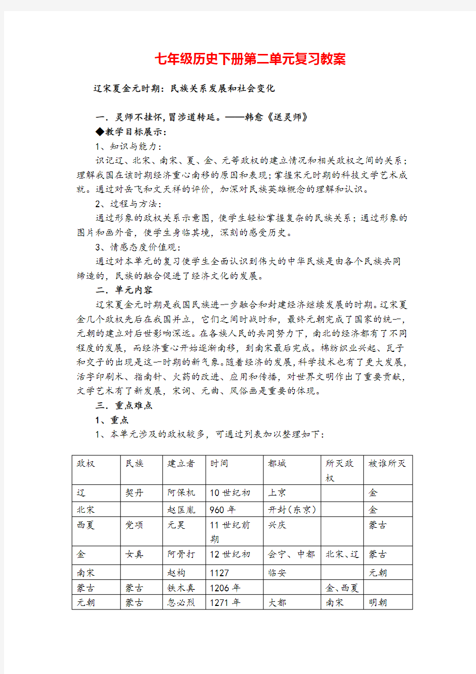 七年级下册历史第二单元 复习教案教案与教学反思