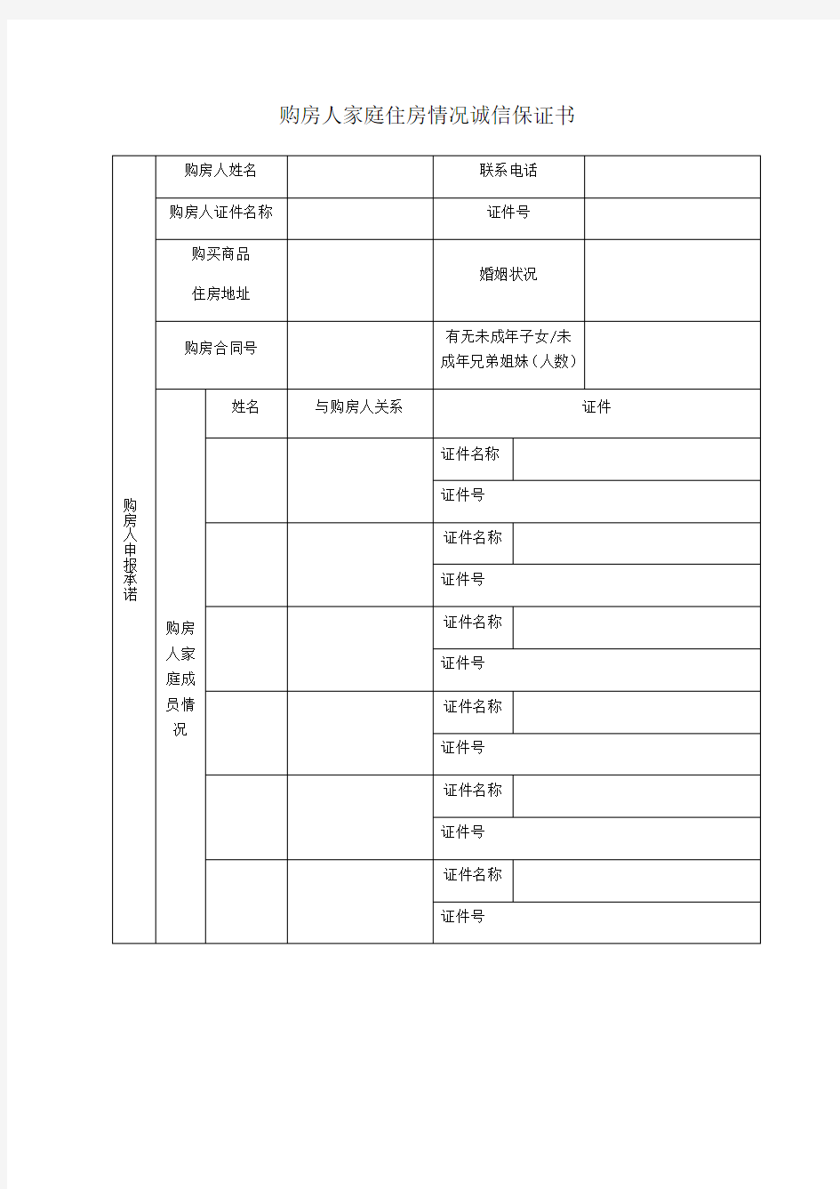 购房人家庭住房情况诚信保证书