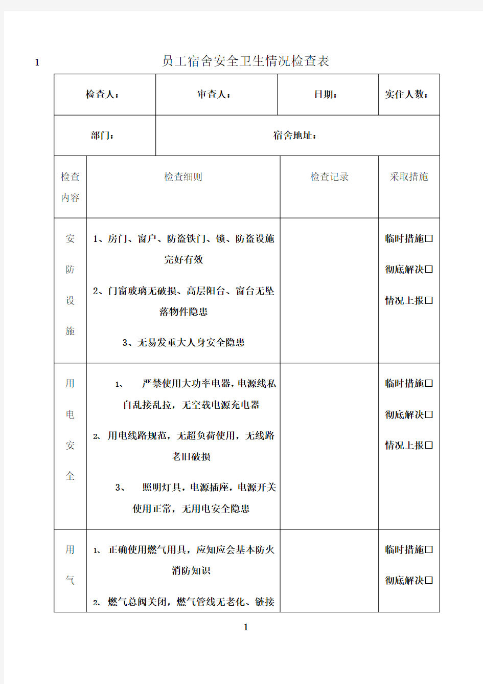 最新公司员工宿舍安全卫生检查表