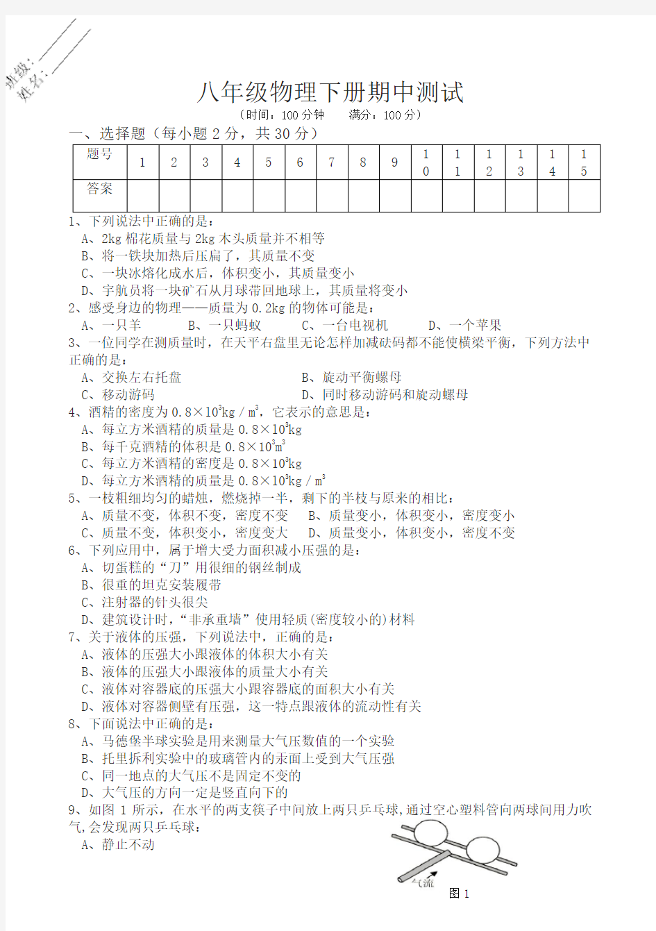 苏科版八年级下册物理期中测试卷