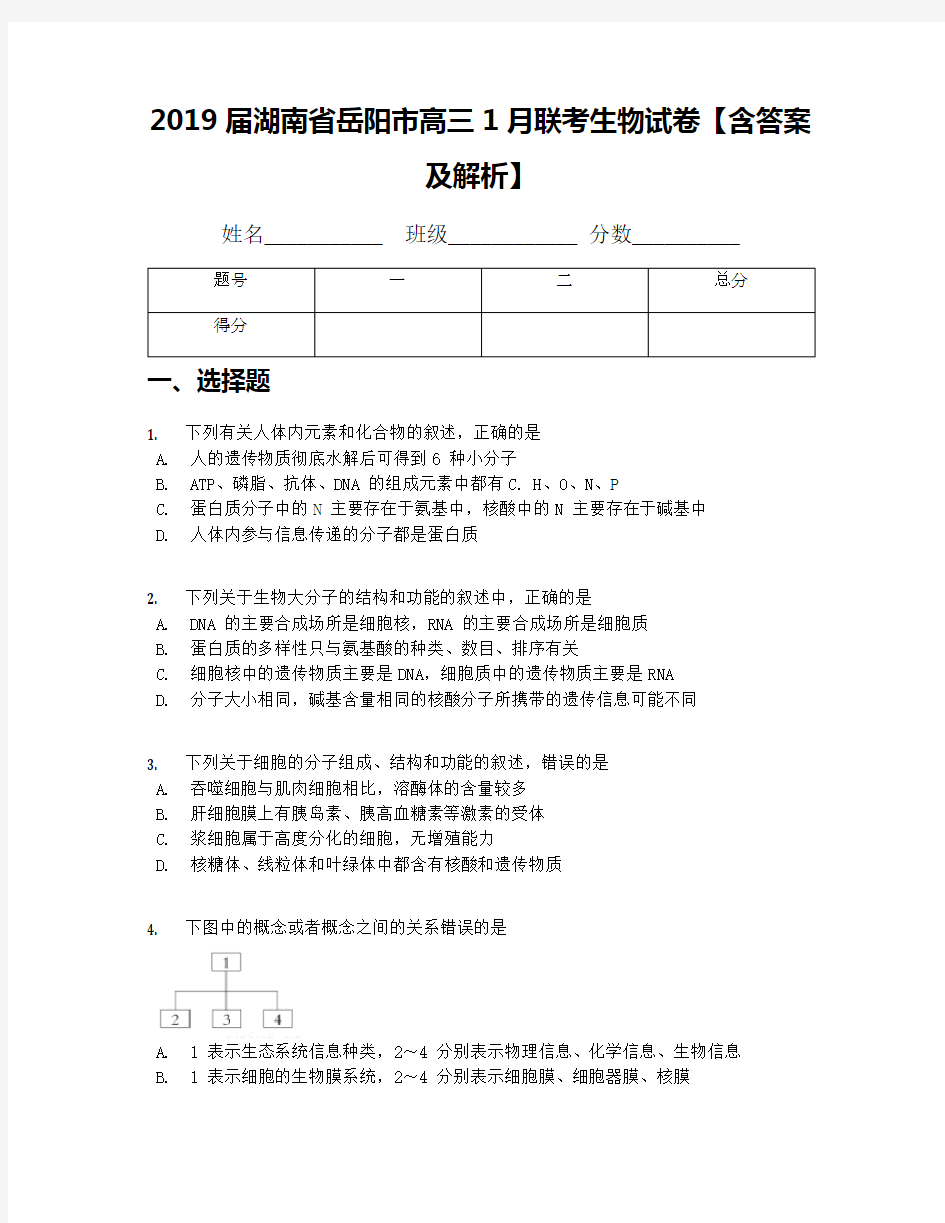 2019届湖南省岳阳市高三1月联考生物试卷【含答案及解析】