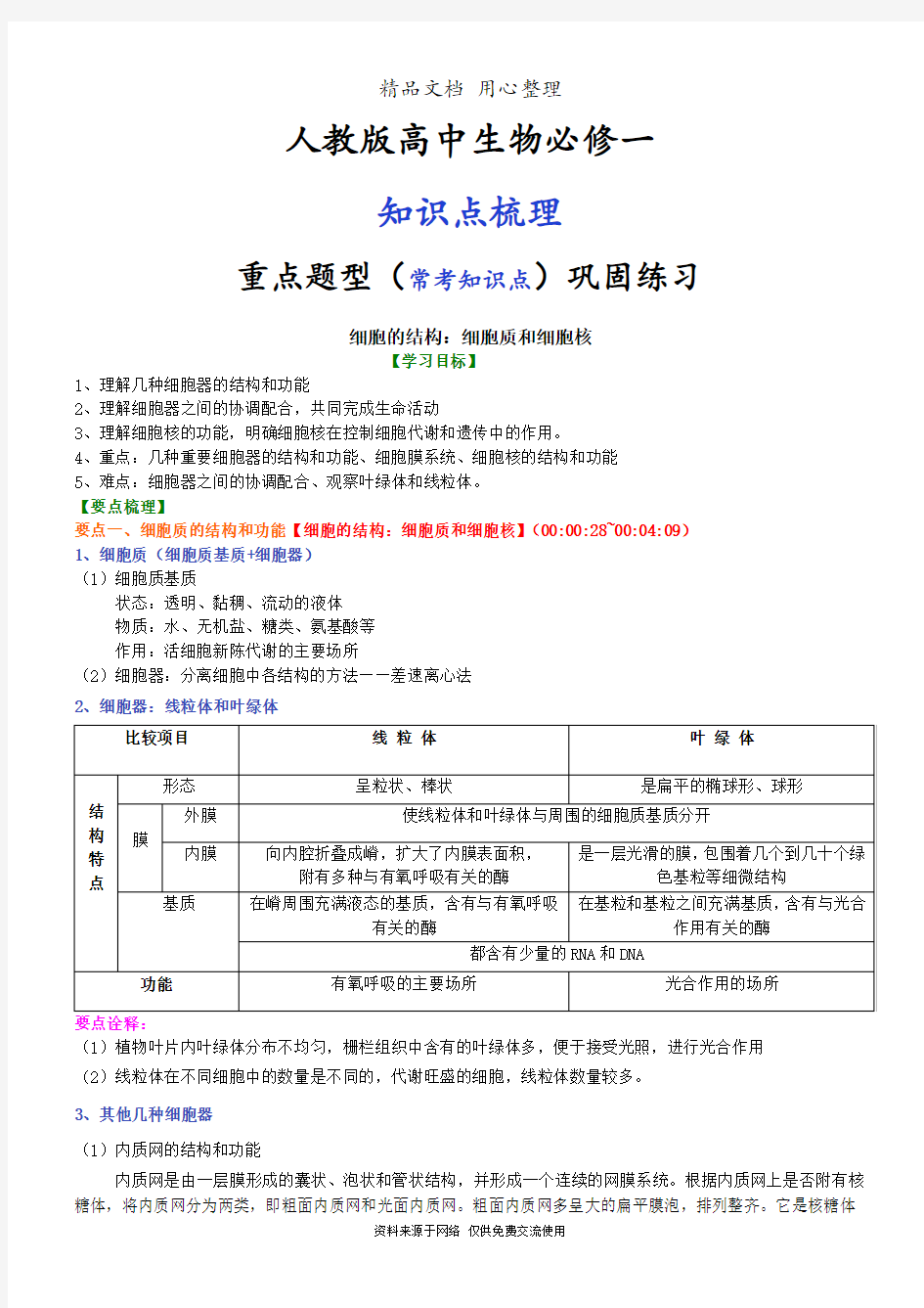 人教版高中生物必修一[细胞的结构：细胞质和细胞核知识点整理及重点题型梳理]