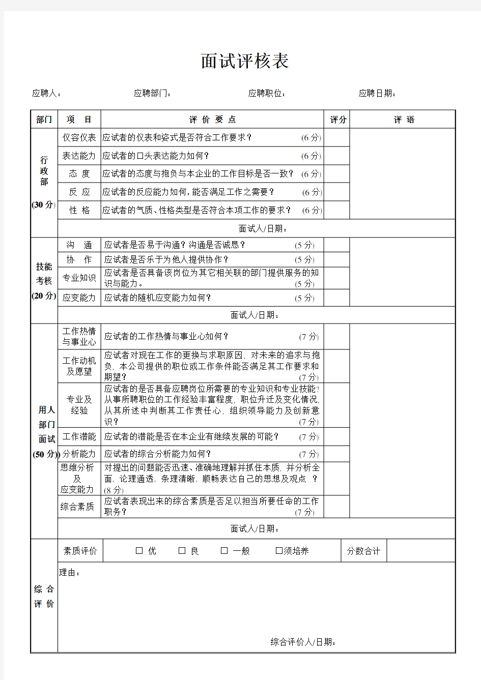 面试评核表