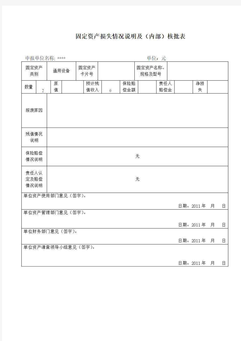 固定资产损失情况说明及(内部)核批表-模板