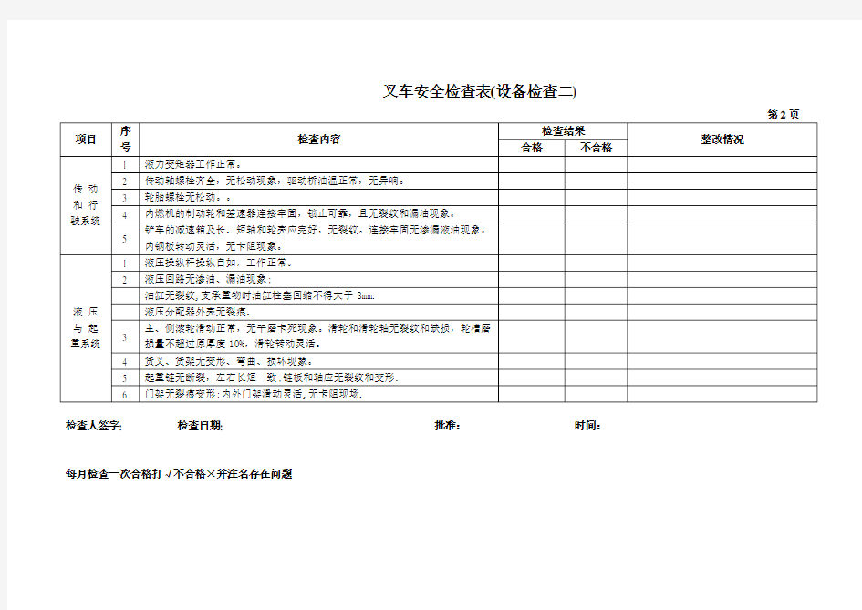 叉车安全检查表