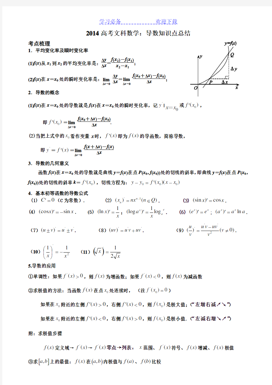 高考文科数学：导数知识点总结