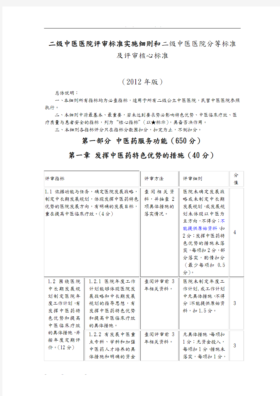 中医医院评审标准实施细则和二级中医医院分等标准与