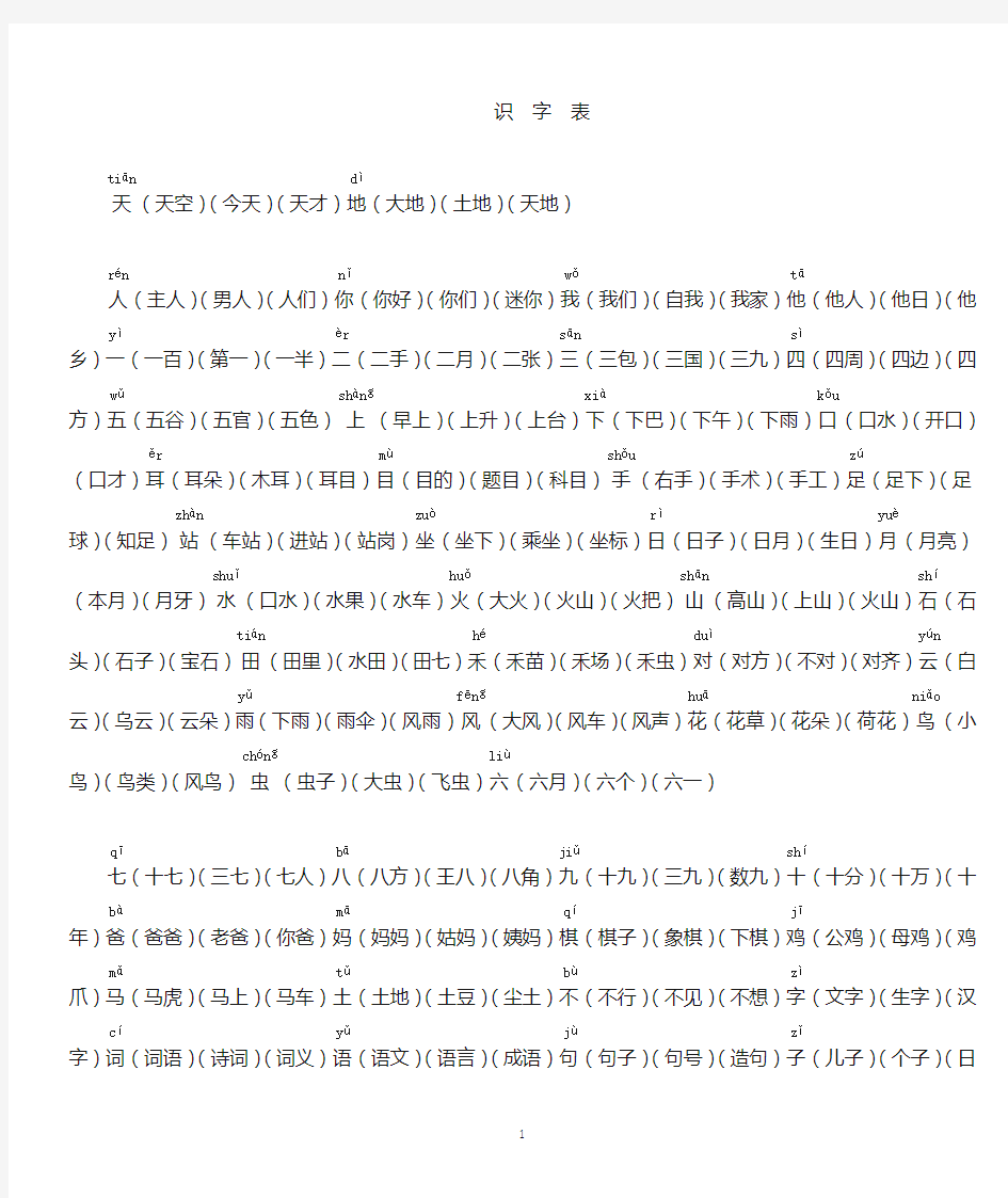 人教版一年级语文上册组词版