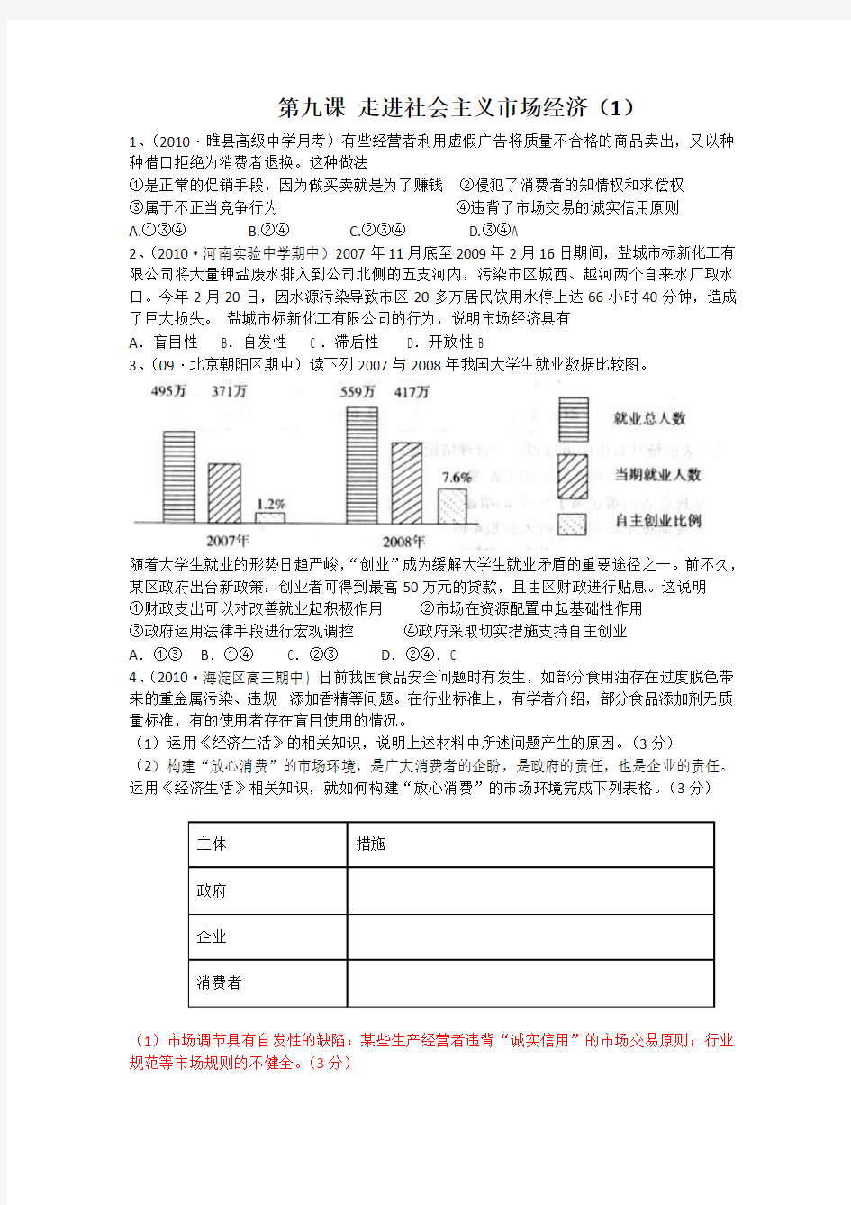 高一政治走进社会主义市场经济测试题1