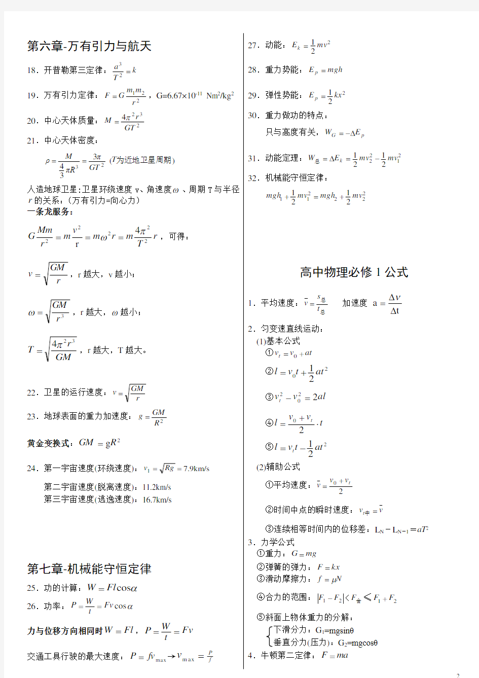 (完整版)高中物理必修2公式总结