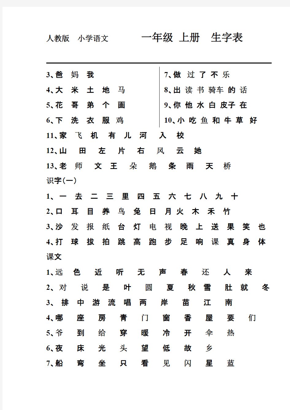 【免费下载】人教版小学语文一年级 上下册 生字表打印版