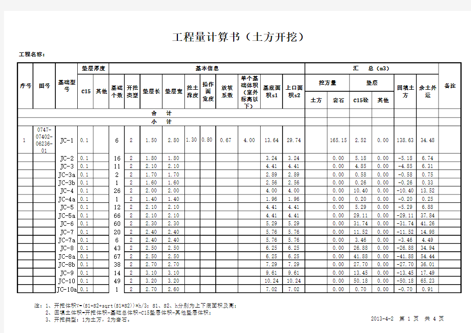 工程量计算书表格