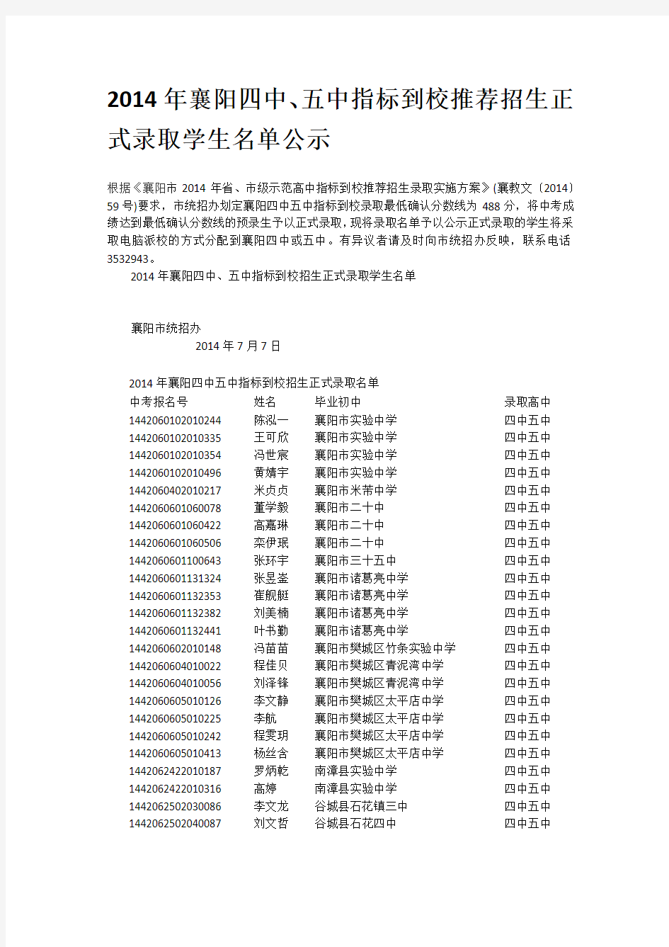 2014年襄阳四中、五中指标到校推荐招生正式录取学生名单公示