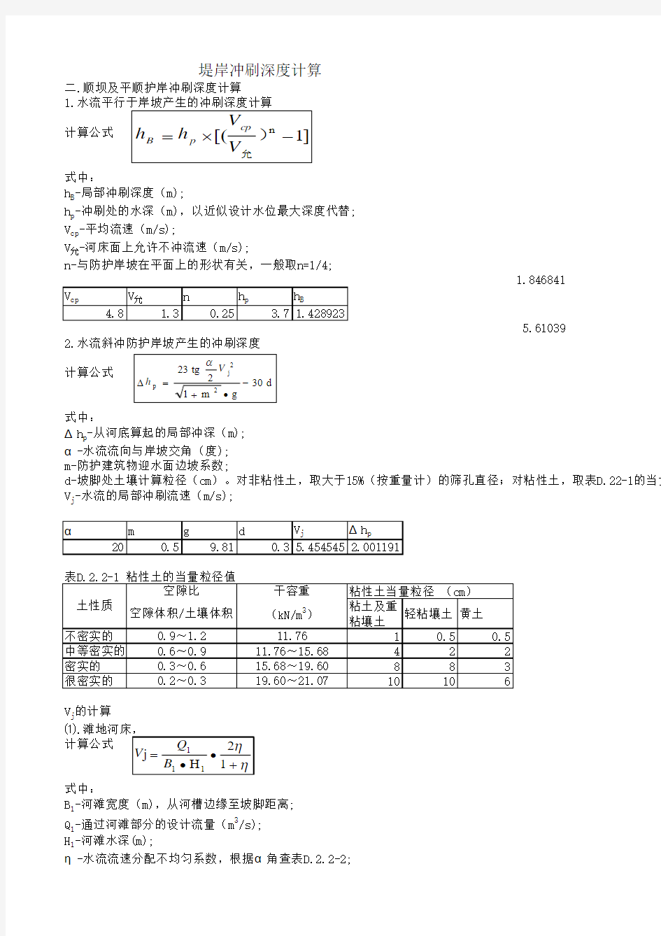 堤岸冲刷深度计算