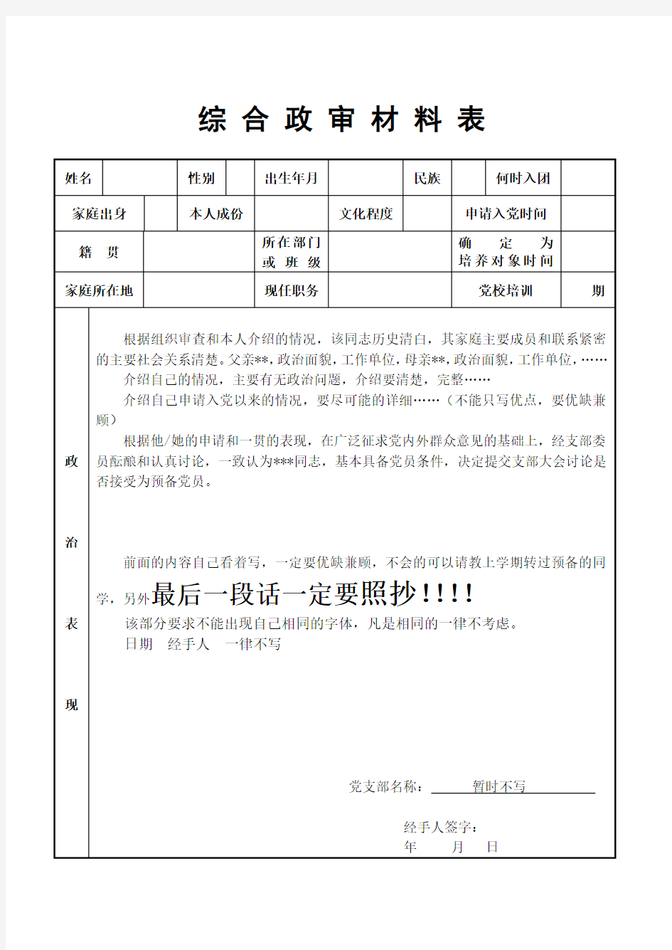 综合政审材料表