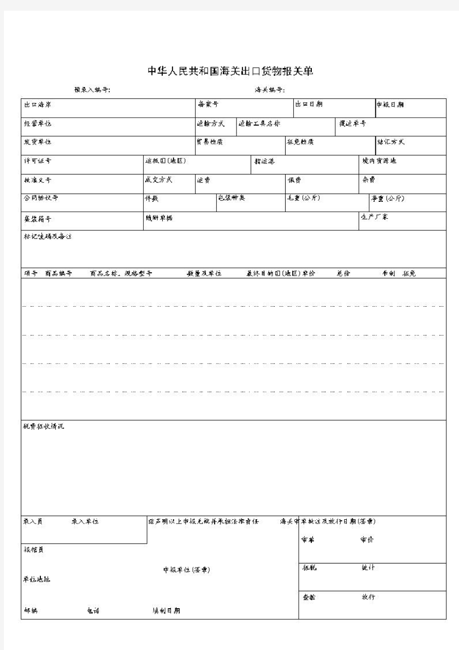 中国海关出口货物报关单样本