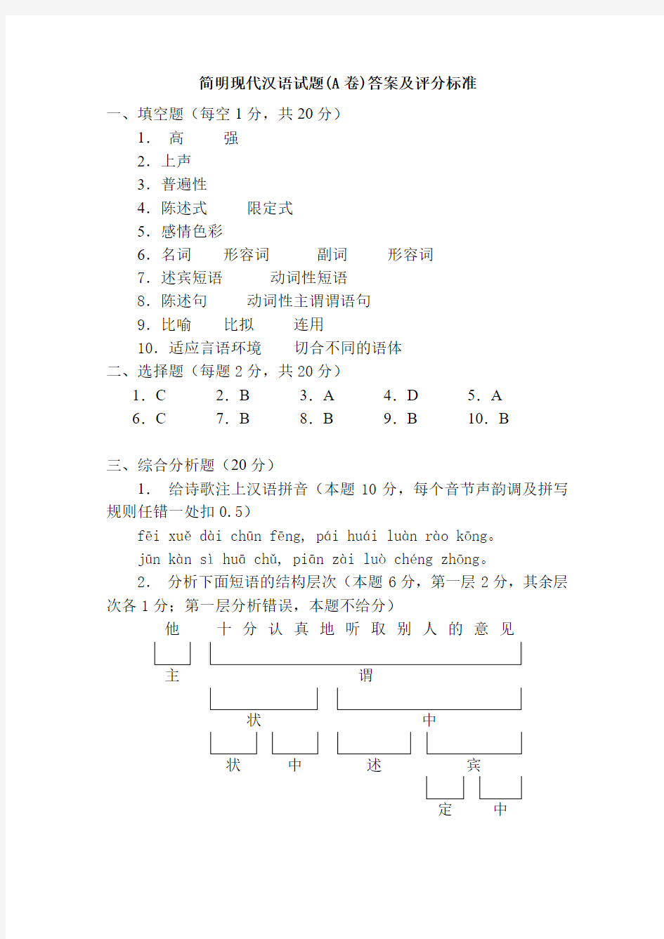 简明现代汉语试题(A卷)答案及评分标准