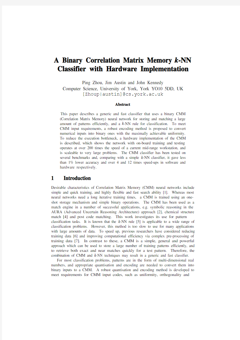 A binary correlation matrix memory k-nn classifier with hardware implementation