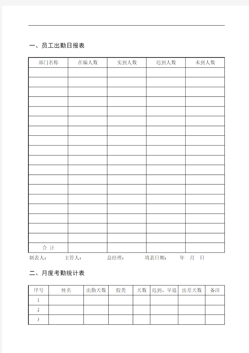 员工考勤管理表格