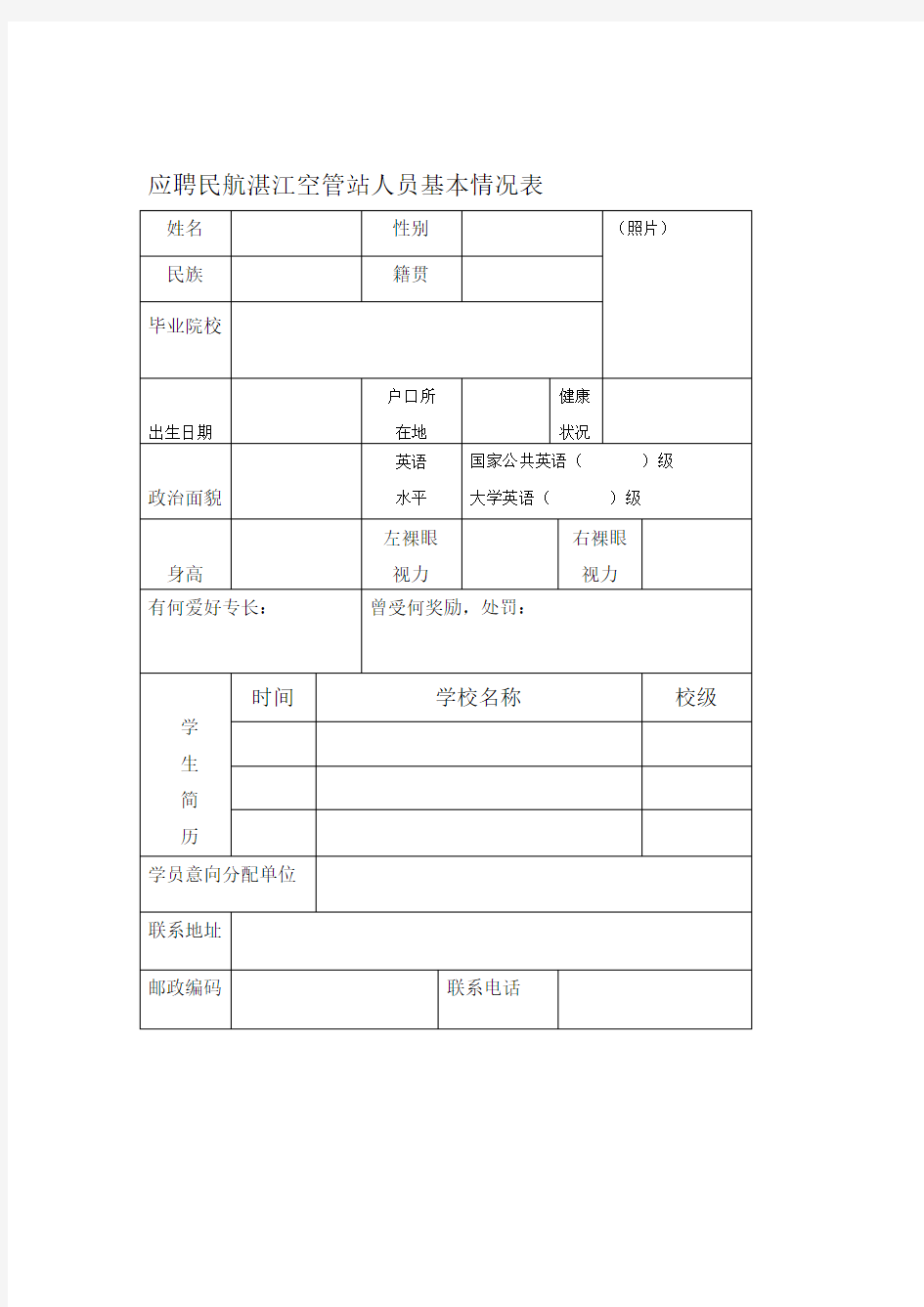 应聘民航湛江空管站人员基本情况表