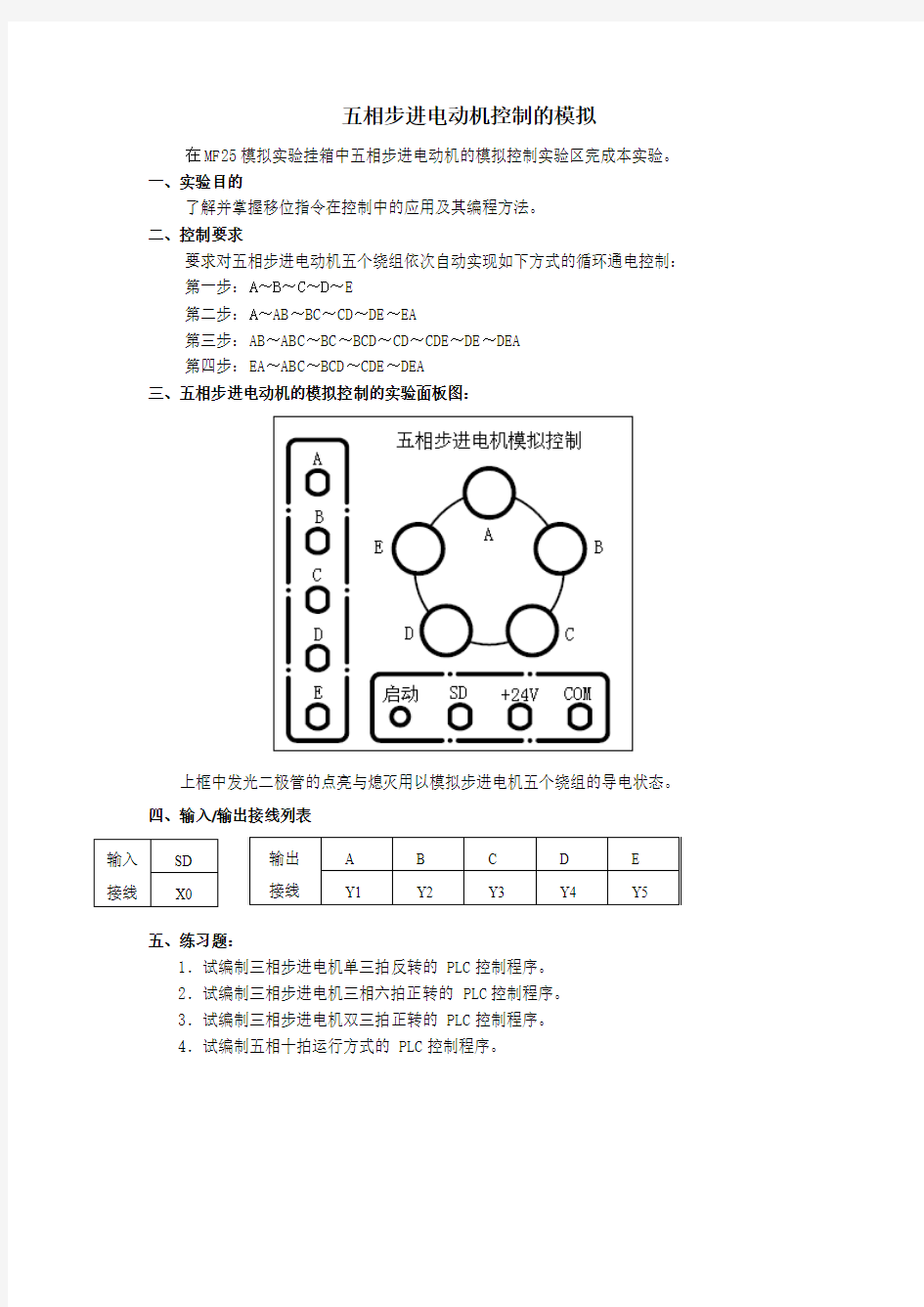 可编程控制器PLC  五相步进电动机控制的模拟