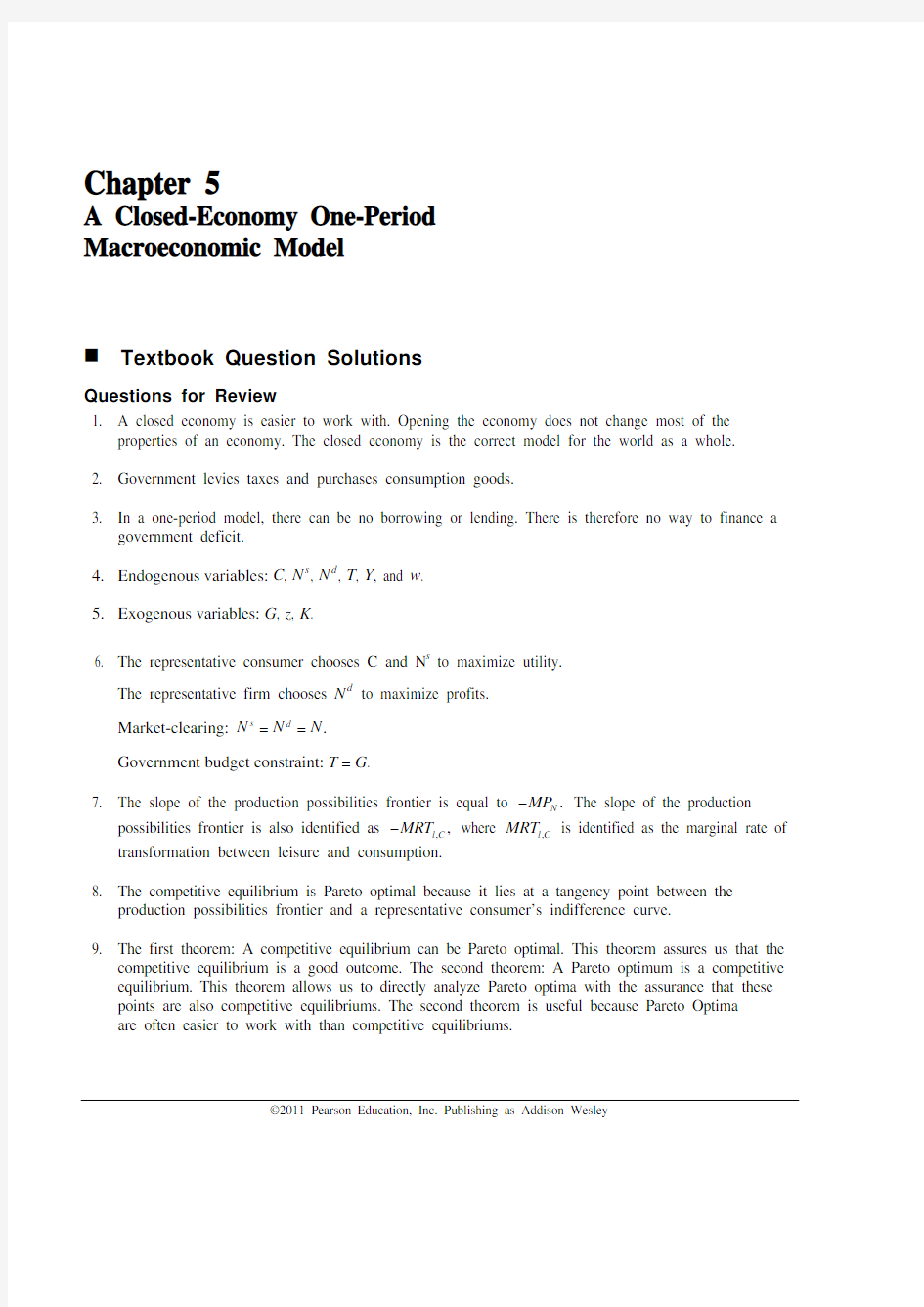 史蒂芬 威廉森 宏观经济学 第四版 课后题答案 最新Solution_CH5