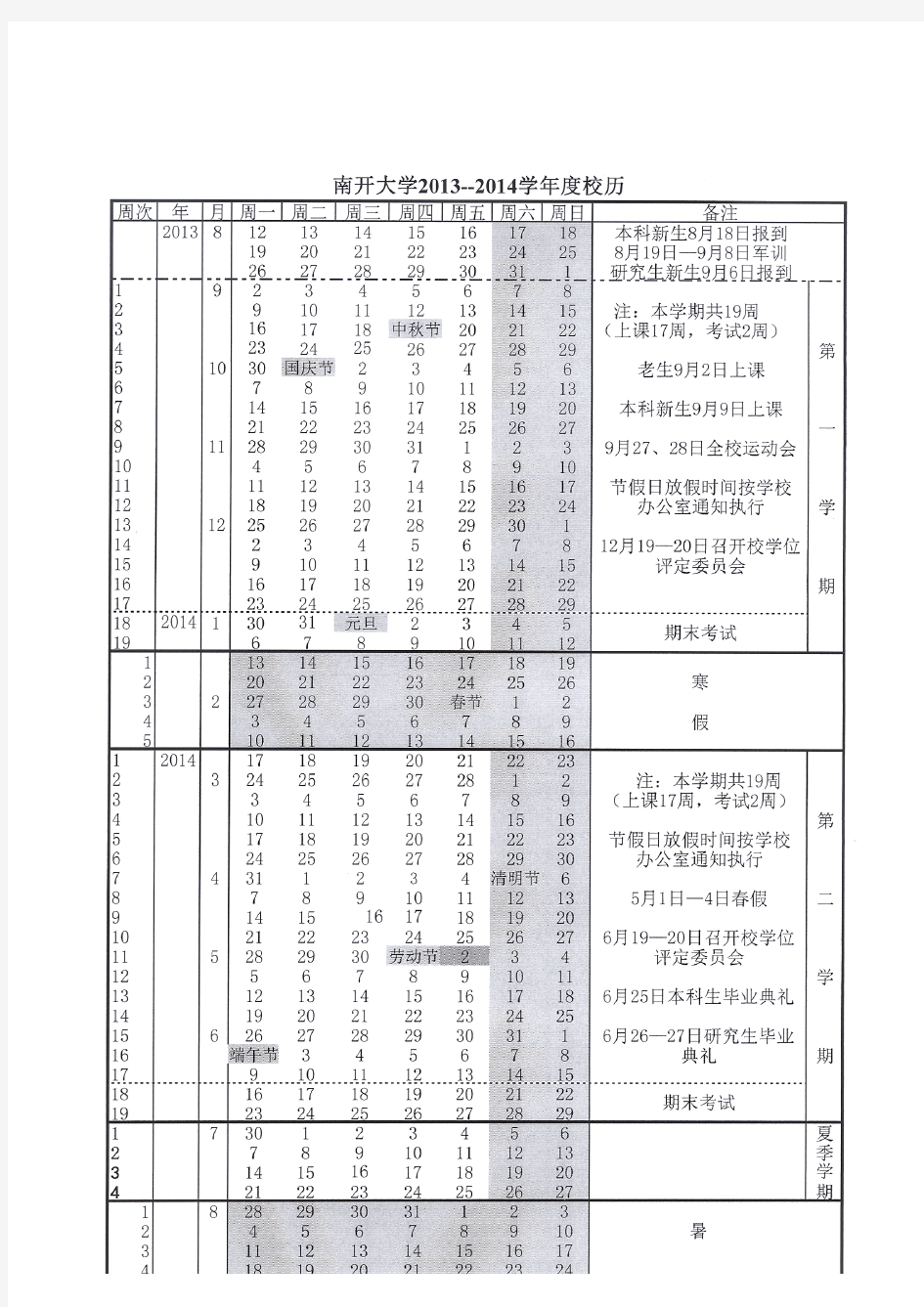 南开大学2013-2014学年度校历