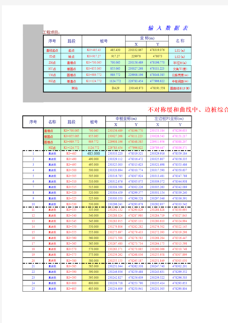 不对称缓和曲线中、边桩及放样计算程序(Excel格式)