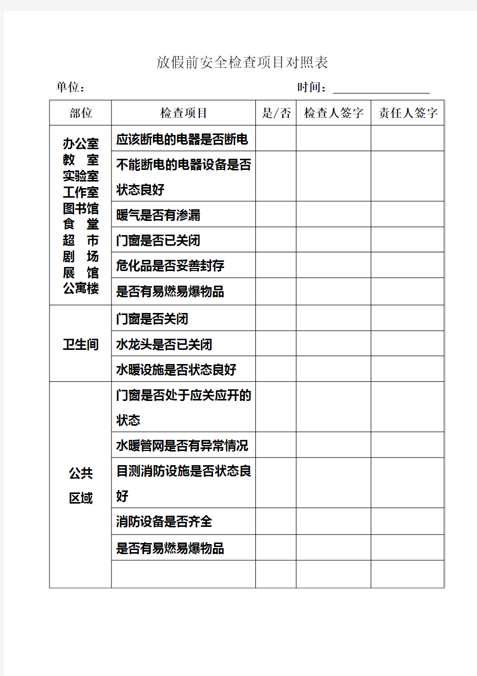 放假前安全检查项目对照表【模板】