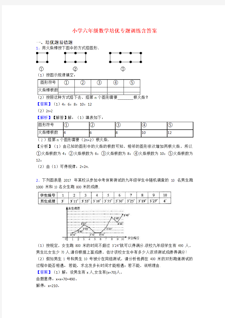 小学六年级数学培优专题训练含答案