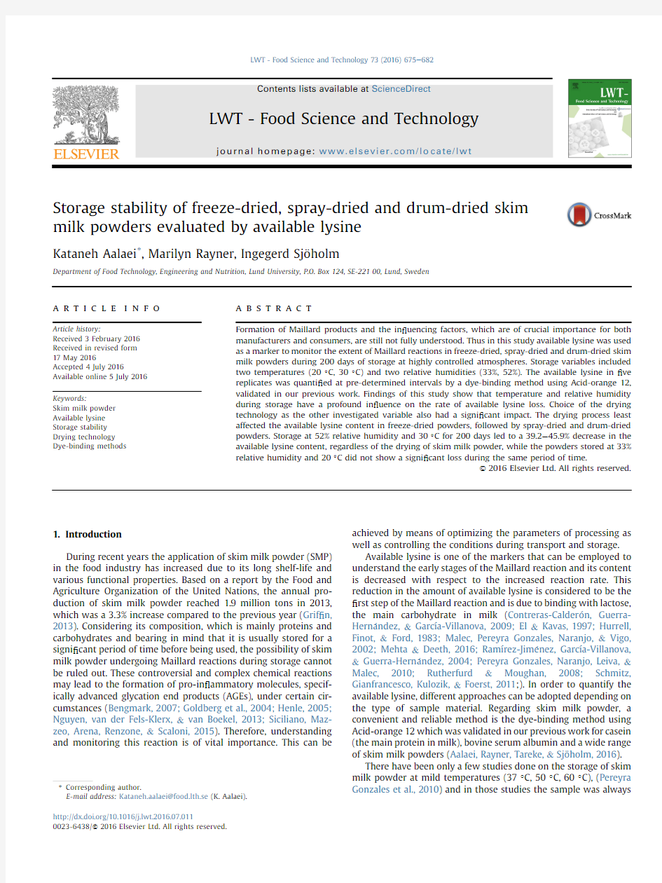 通过可利用赖氨酸评估的冷冻干燥,喷雾干燥和鼓干脱脂奶粉的储存稳定性