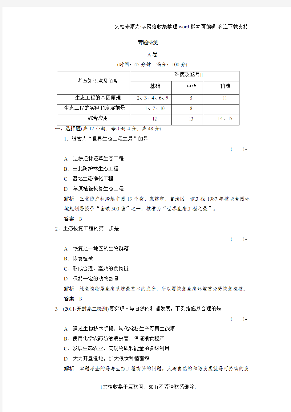 2017人教版高中生物选修三专题5生态工程专题检测