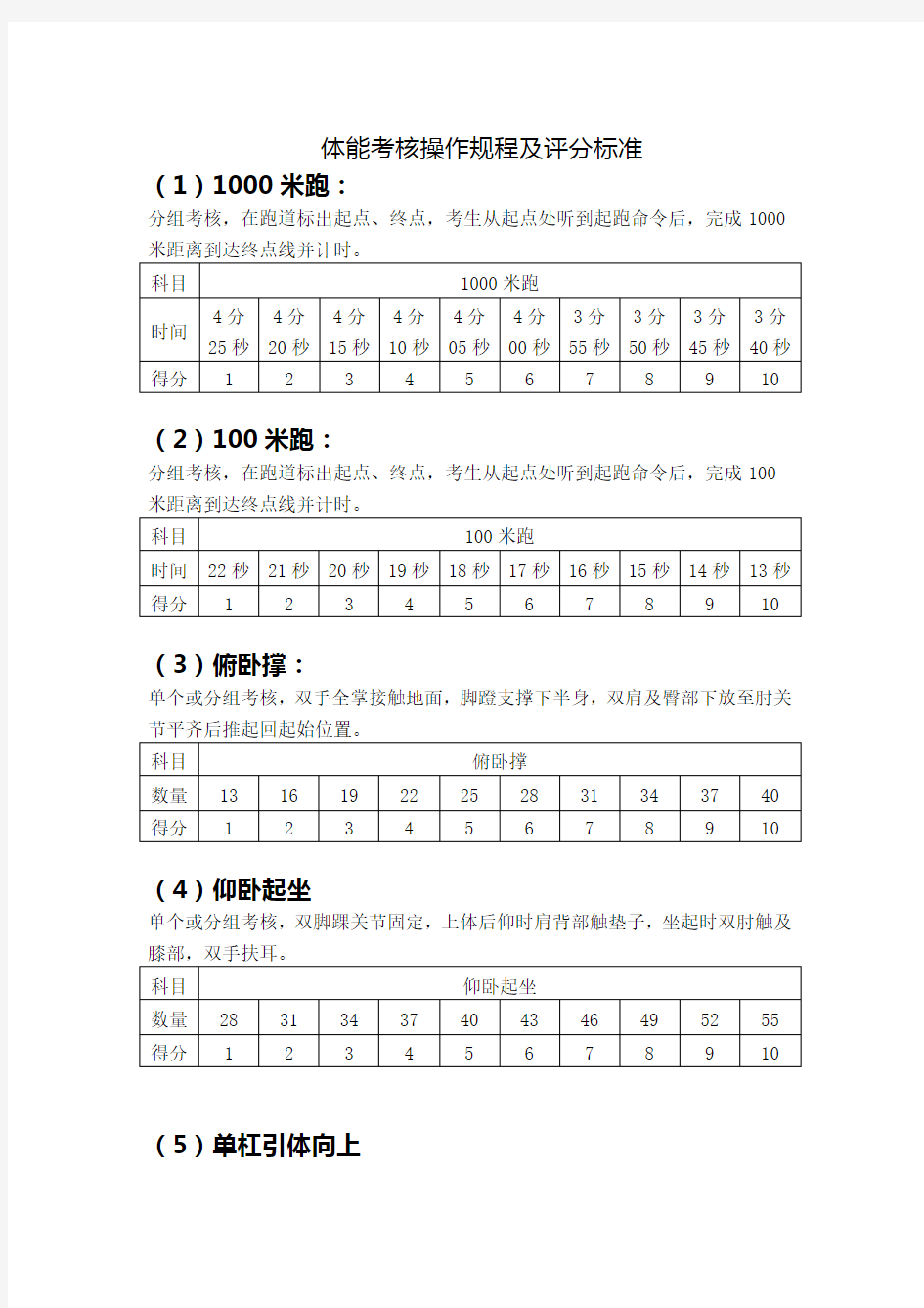 体能考核操作规程及评分标准11000米跑