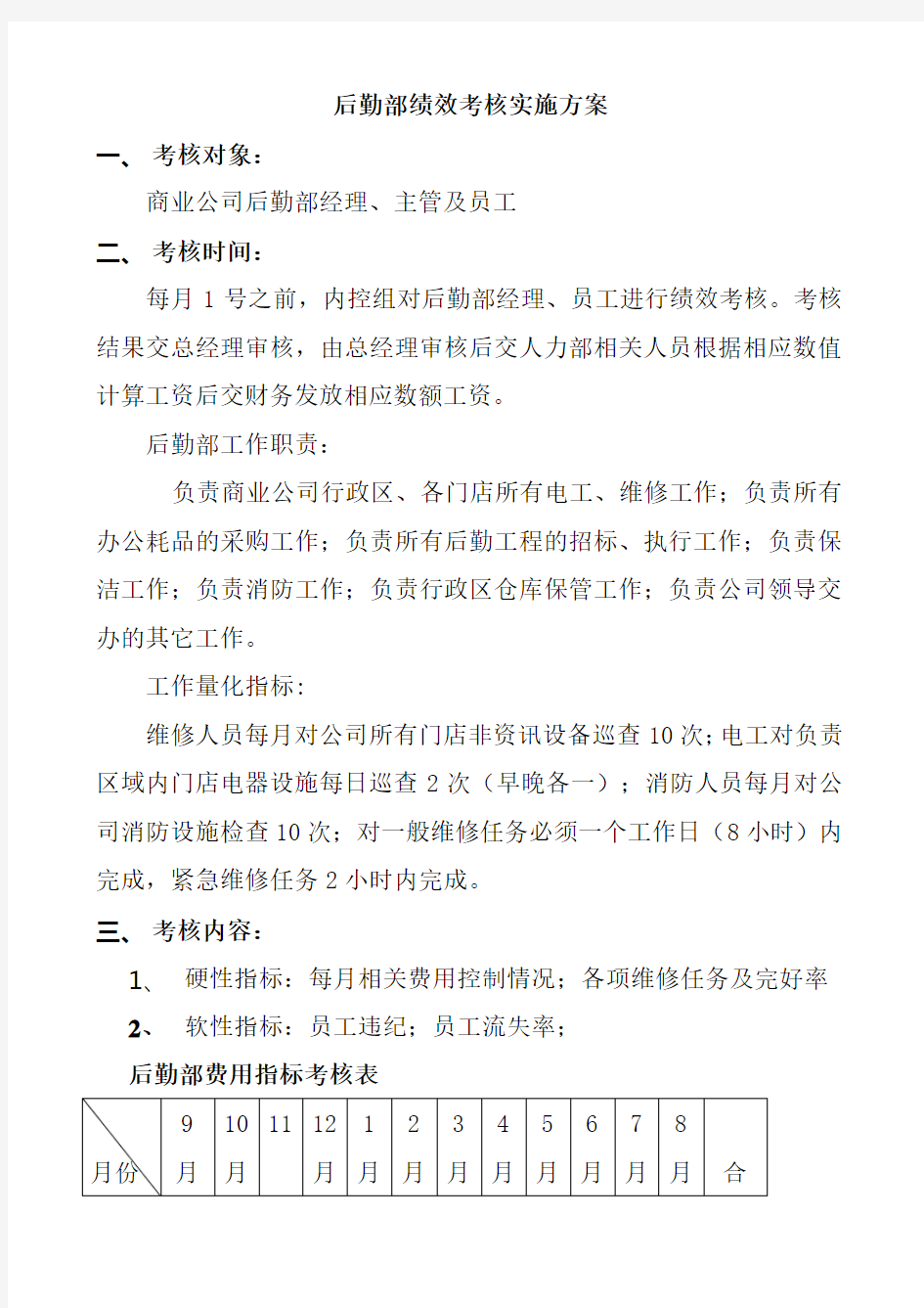 公司后勤部绩效考核实施方案