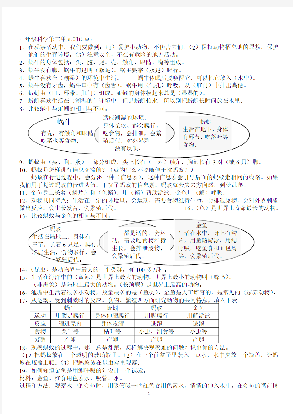 人教版三年级科学上册知识点复习整理