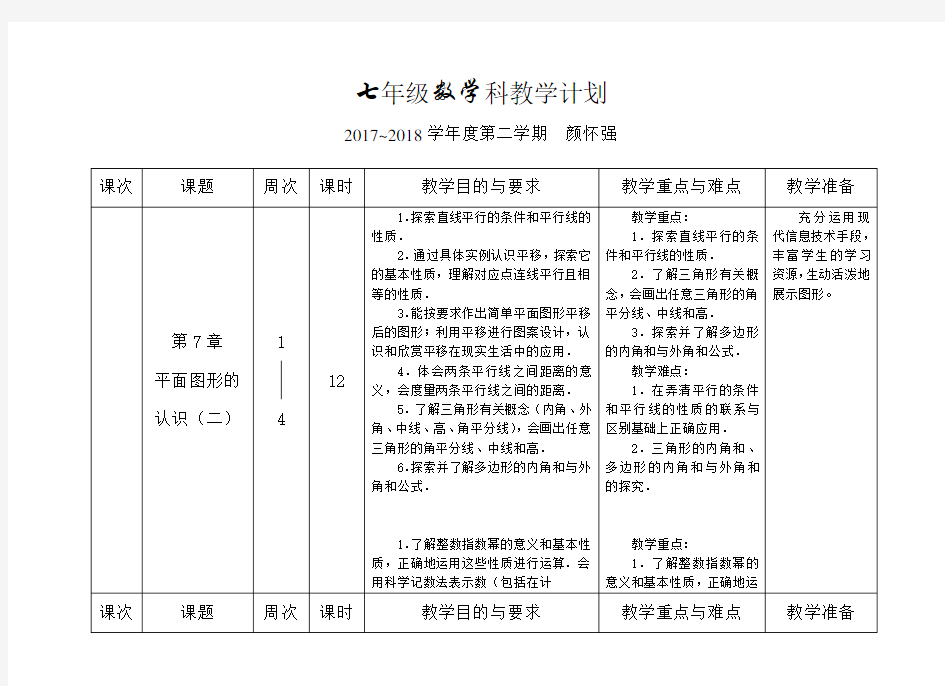 苏科版数学七年级下教学计划