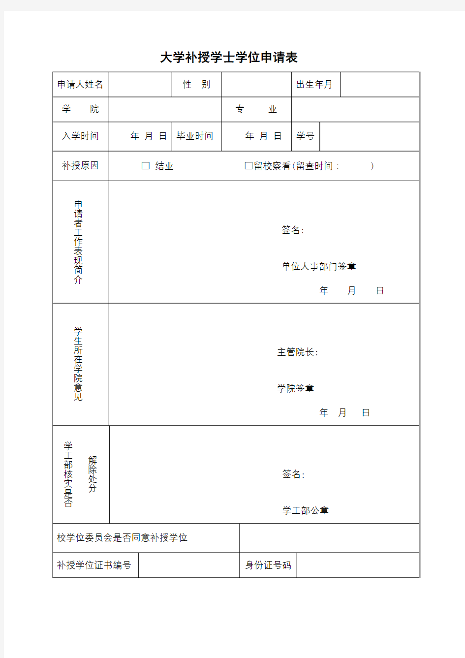 大学补授学士学位申请表(最新模板)