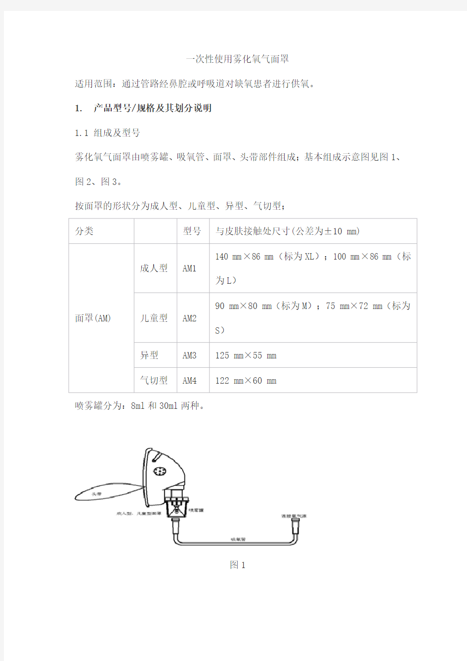 一次性使用雾化氧气面罩产品技术要求maikang