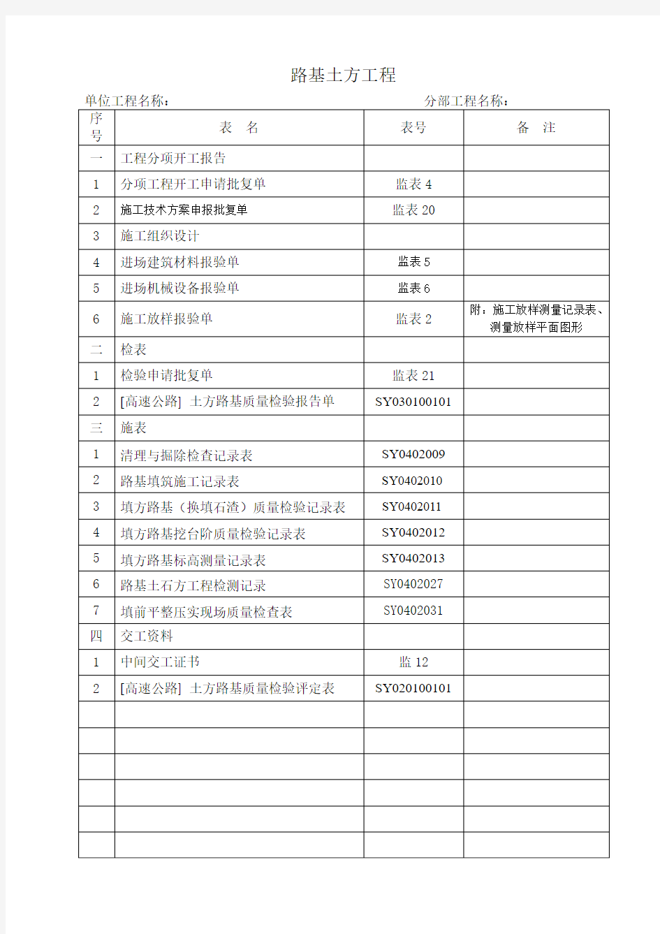 高速铁路内业资料管理台账