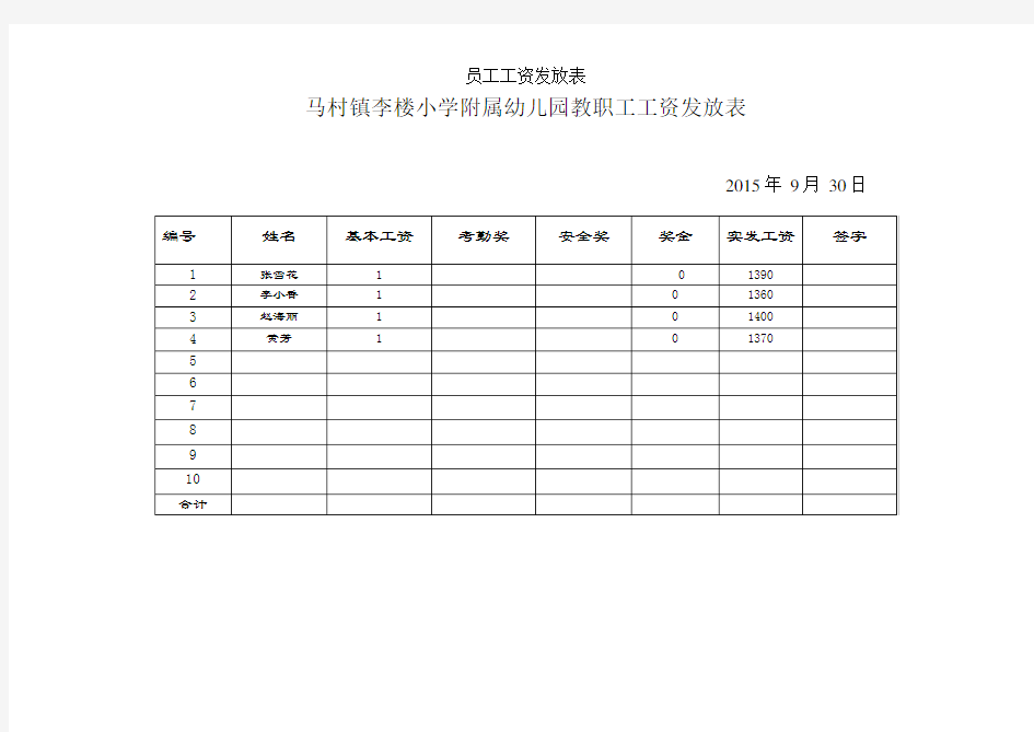 员工工资发放表