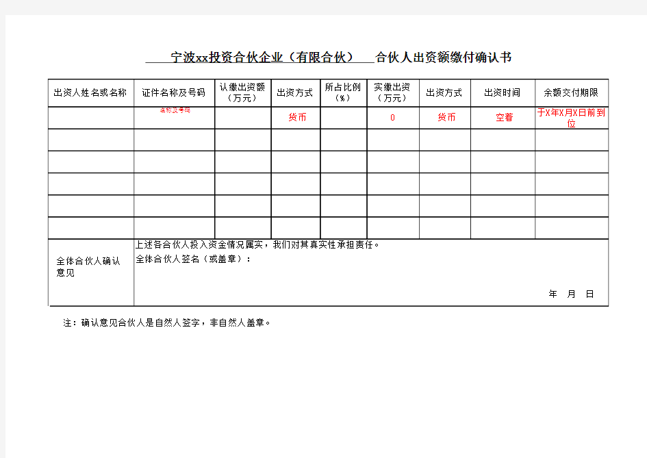 合伙人出资额缴付确认书新版