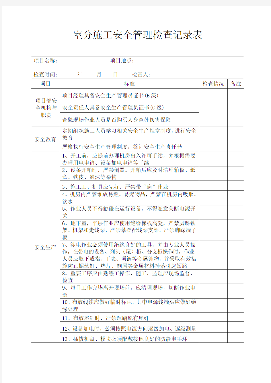 室分施工安全管理检查记录表