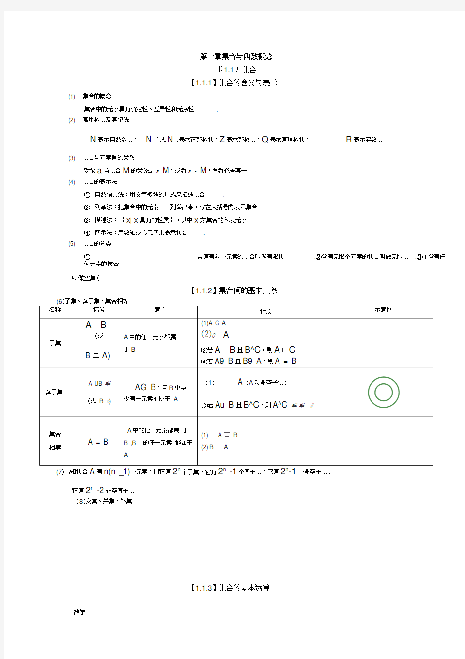 人教版高中数学必修一第一章知识点