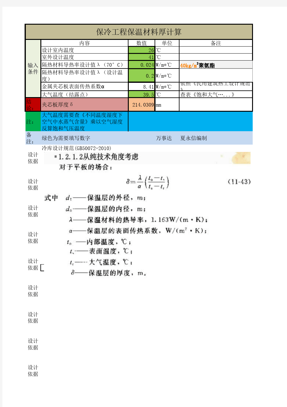 冷库保冷保温层厚度计算表