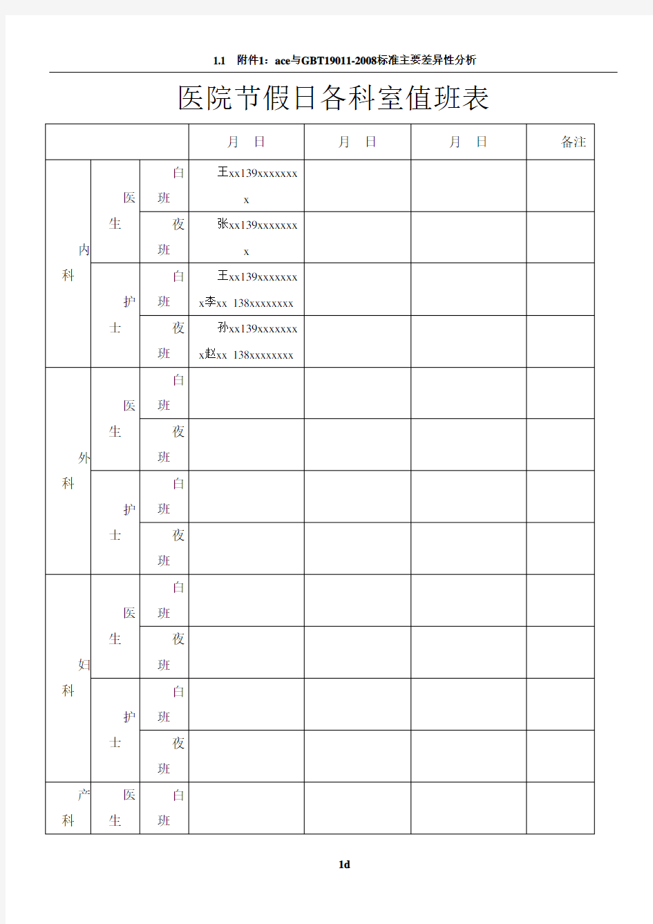 医院节假日各科室值班表