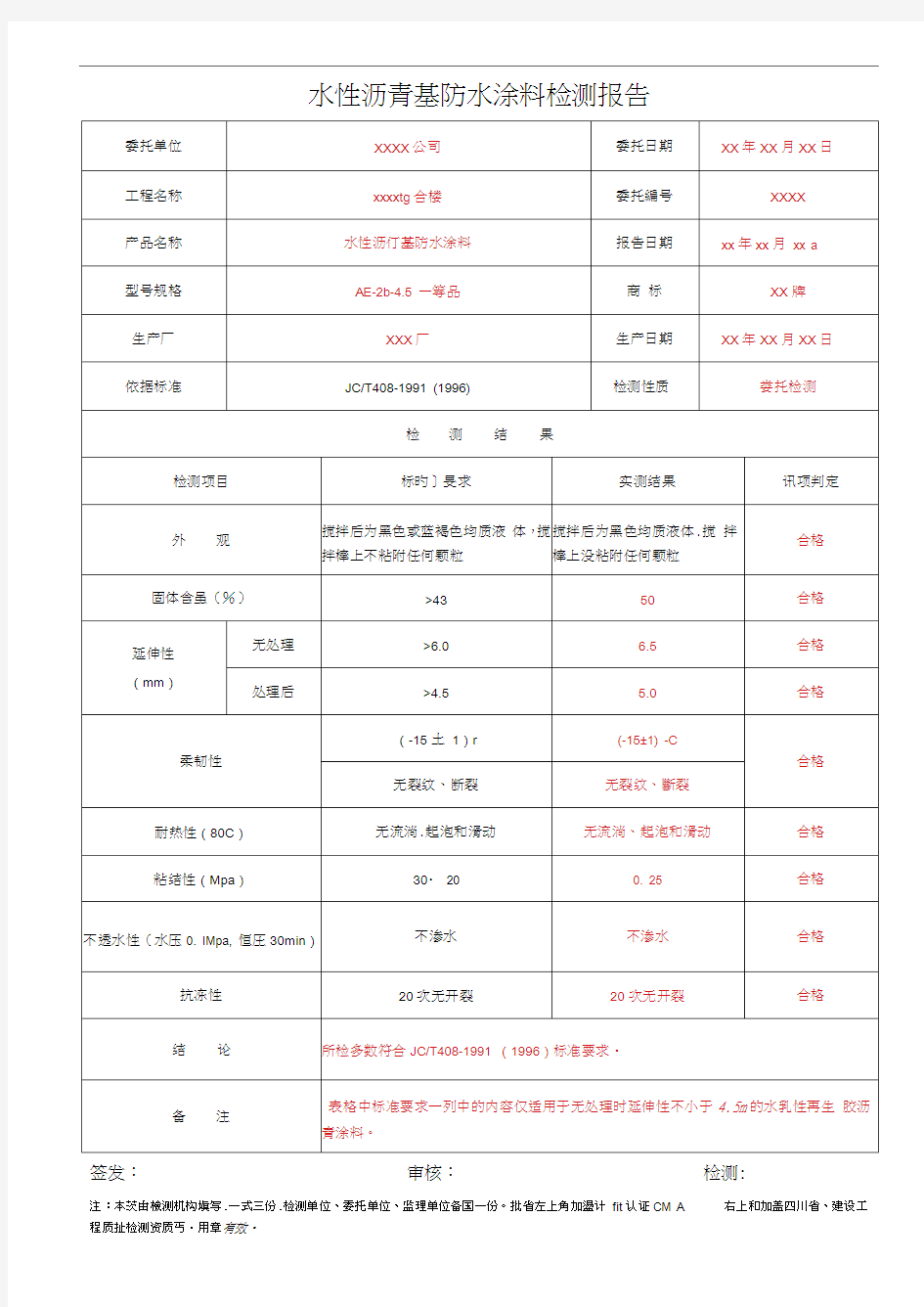 水性沥青基防水涂料检测报告
